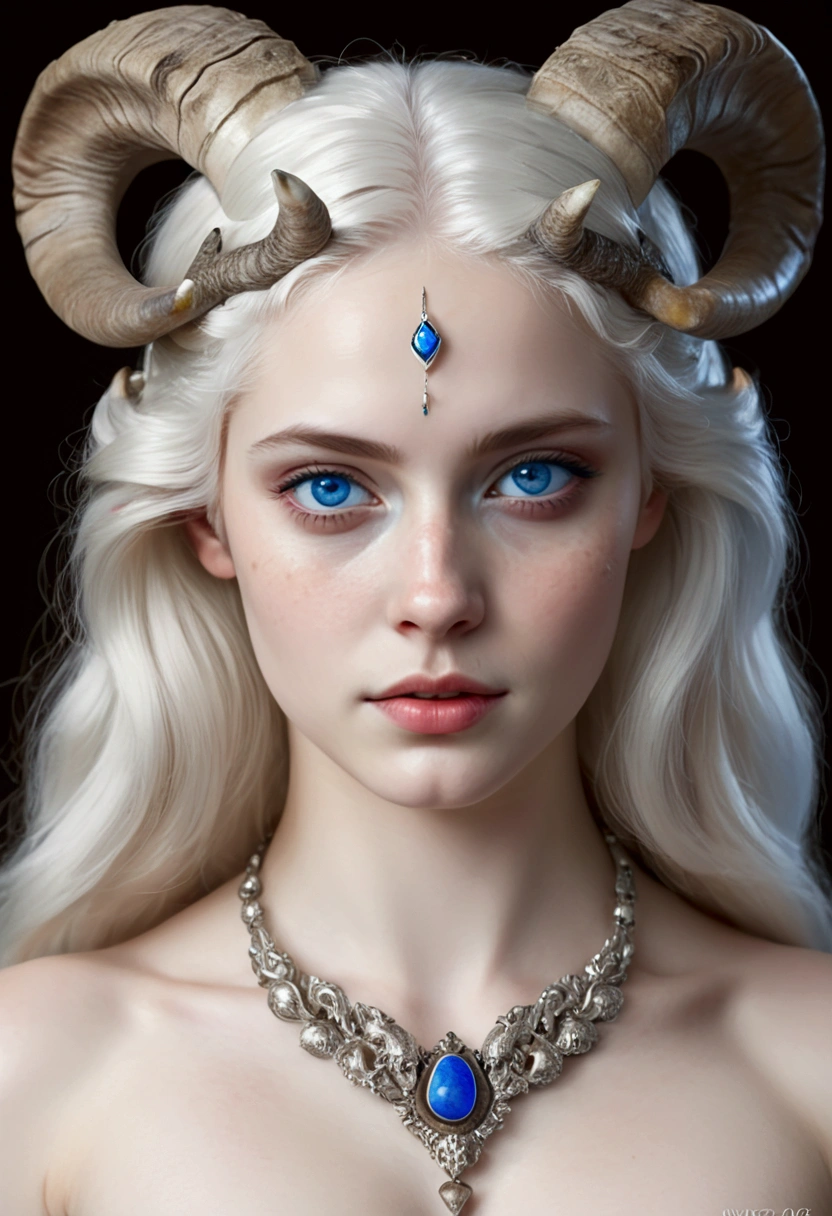 Pale white skinned girl, fawn. ram's horns, white hair, blue eyes, portrait