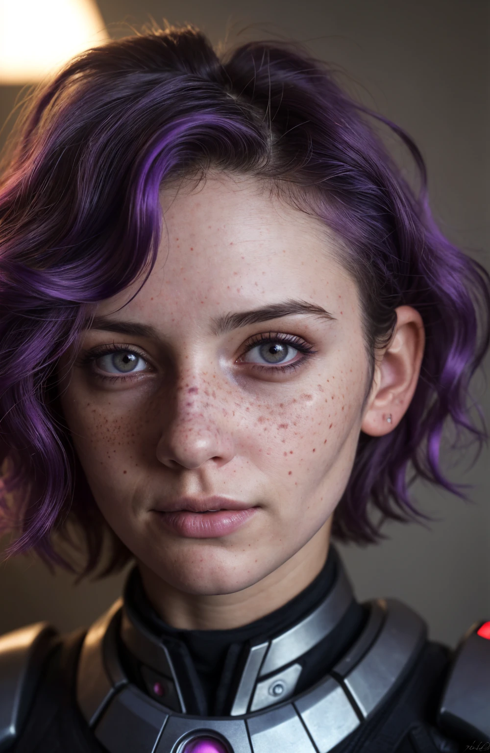 (Close-up, editorial photograph of a 21 year old woman), (highly detailed face:1.4) (smile:0.7) (background inside dark, moody, private study:1.3) POV, by lee jeffries, nikon d850, film stock photograph ,4 kodak portra 400 ,camera f1.6 lens ,rich colors, hyper realistic ,lifelike texture, dramatic lighting , cinestill 800, wavy hair, messy hair, short hair, Serious smirk, Purple hair, Purple Eyes, freckles, White Skin, Halo Suit, Sci Fi, Cyberpunk, Futurism, Mass Effect, Astral Plane, European expressions, European woman, European skin, Athletic body, selfie