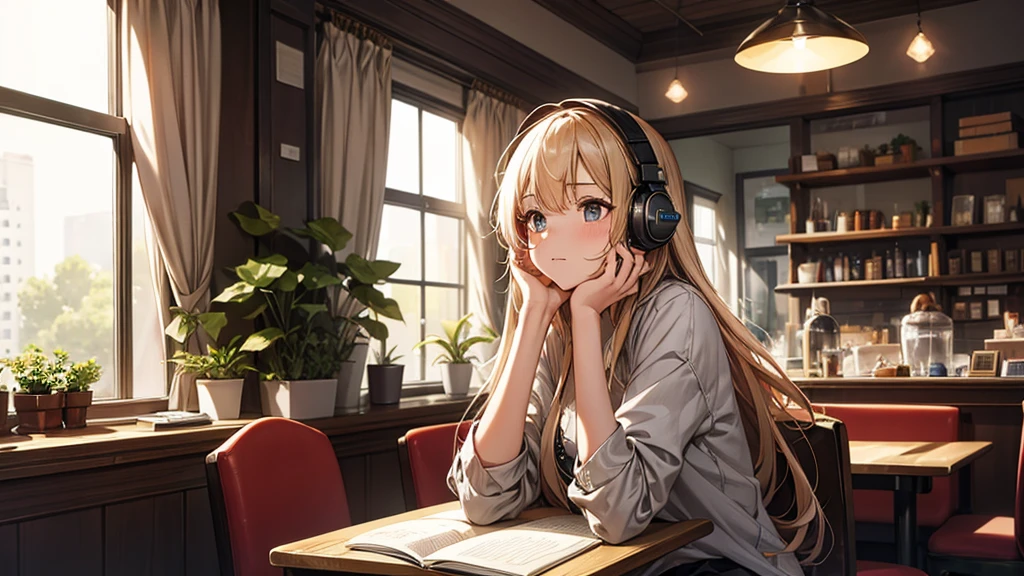 A beautiful and cute 20-year-old girl wearing headphones, studying in a cozy city cafe. The scene should depict a relaxed and serene atmosphere, with warm lighting and a soft, dreamy background. The girl has long, flowing hair, is dressed casually in comfortable clothes, and is surrounded by books and a laptop. The cafe interior is stylish, with wooden tables, plants, and a large window showing a peaceful urban street outside.