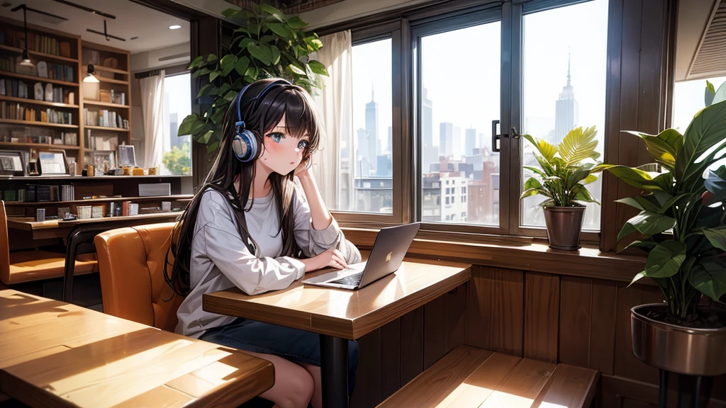 A beautiful and cute 20-year-old girl wearing headphones, studying in a cozy city cafe. The scene should depict a relaxed and serene atmosphere, with warm lighting and a soft, dreamy background. The girl has long, flowing hair, is dressed casually in comfortable clothes, and is surrounded by books and a laptop. The cafe interior is stylish, with wooden tables, plants, and a large window showing a peaceful urban street outside.