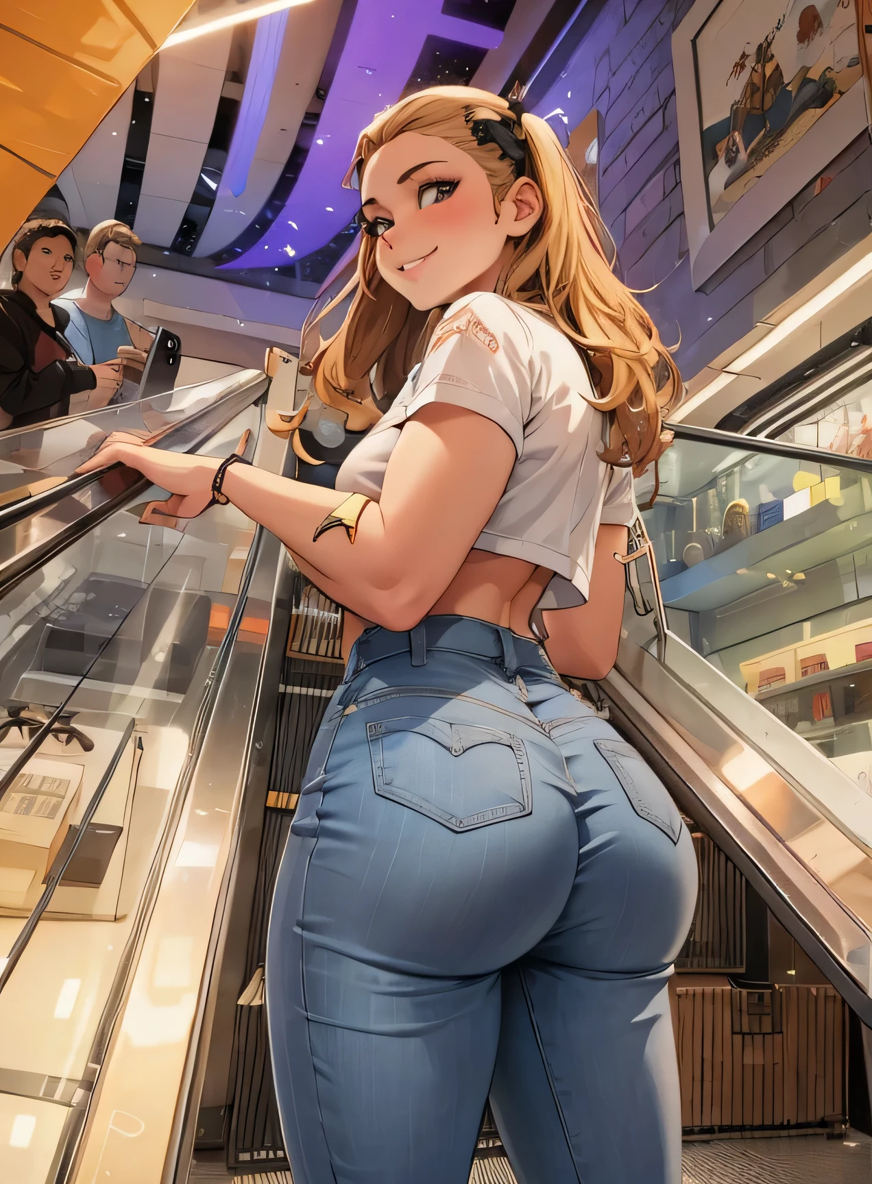 a girl with a large butt, her butt marked in her clothe, she smilling, she has a big butt and she is in shopping