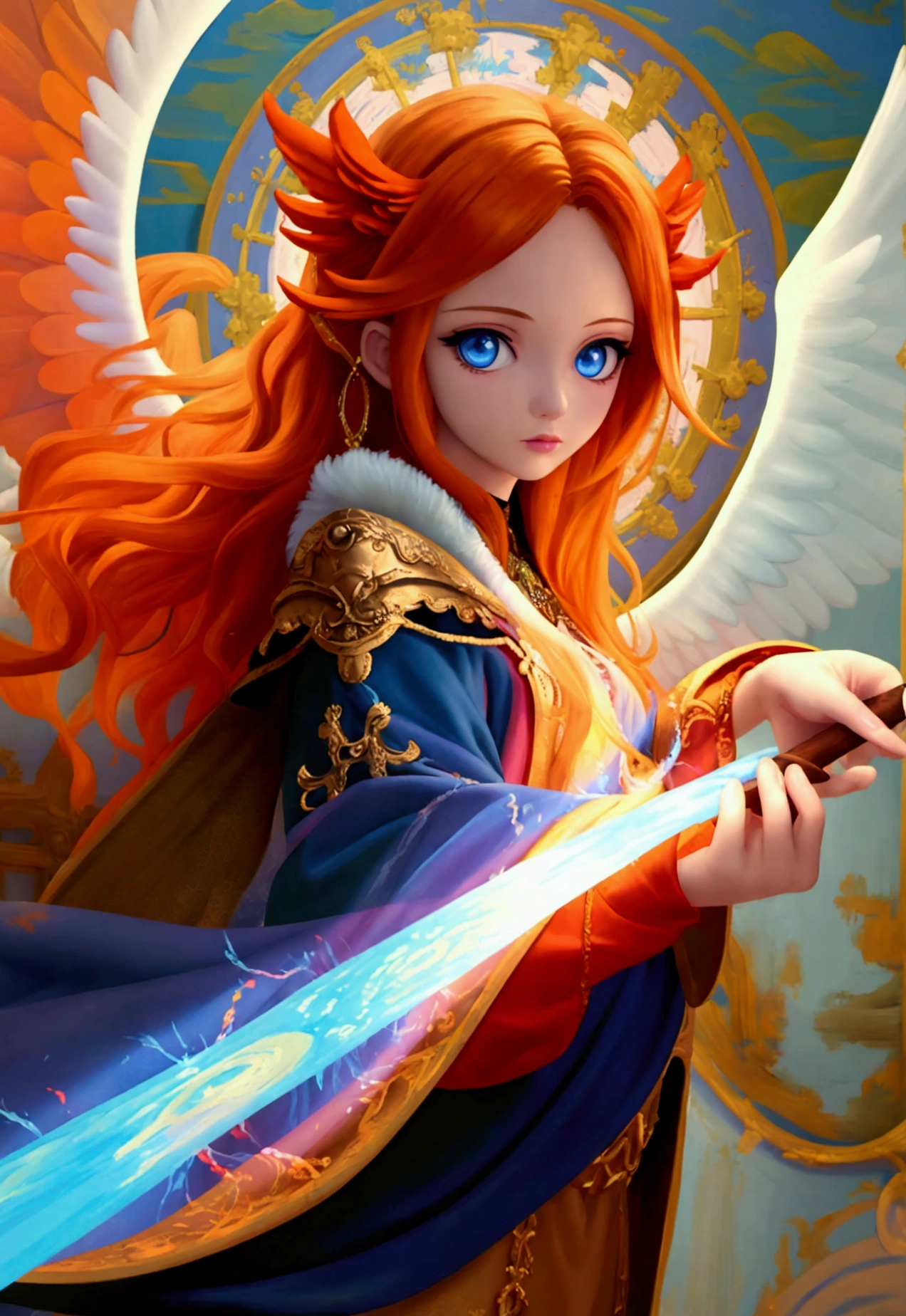 a picture  female aasimar sorceress casting a fire spell,  exremley beautiful female aasimar, orange hair, long hair, wavy hair, dynamic eyes color, angelic eyes, radiant magical eyes, ultra detailed face, spread angelic wings, white angelic wings, wearing dynamic color robe, wearing blue cloak, long cloak, flowing cloak with fire motifs,  armed with magical staff,  manipulating fire magical energy, vibrant, Ultra-high resolution, High Contrast, (masterpiece:1.5), highest quality, Best aesthetics), best details, best quality, highres, 16k, [ultra detailed], masterpiece, best quality, (extremely detailed) RAW, fantasy art, dnd art, angel_wings