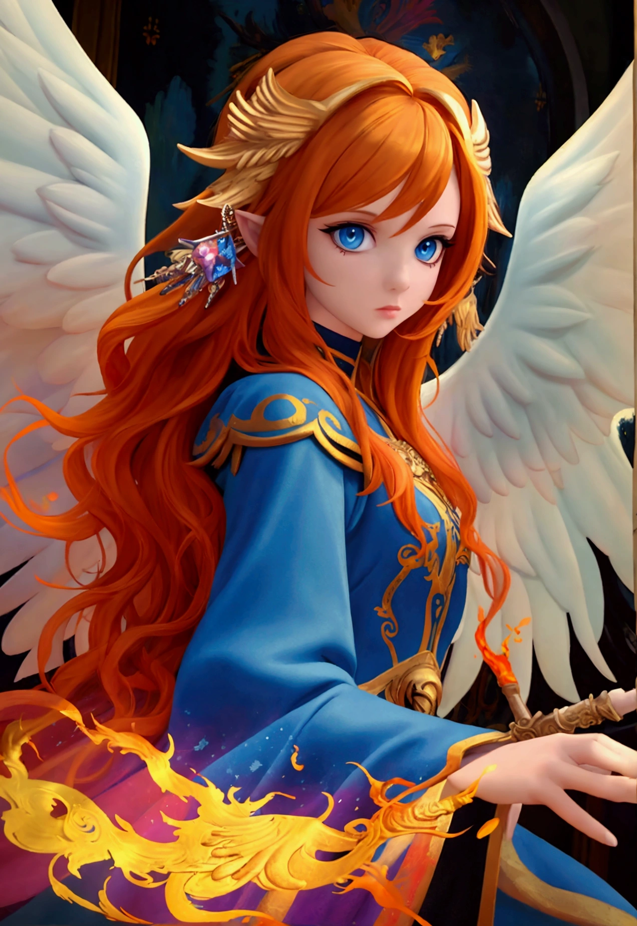 a picture  female aasimar sorceress casting a fire spell,  exremley beautiful female aasimar, orange hair, long hair, wavy hair, dynamic eyes color, angelic eyes, radiant magical eyes, ultra detailed face, spread angelic wings, white angelic wings, wearing dynamic color robe, wearing blue cloak, long cloak, flowing cloak with fire motifs,  armed with magical staff,  manipulating fire magical energy, vibrant, Ultra-high resolution, High Contrast, (masterpiece:1.5), highest quality, Best aesthetics), best details, best quality, highres, 16k, [ultra detailed], masterpiece, best quality, (extremely detailed) RAW, fantasy art, dnd art, angel_wings