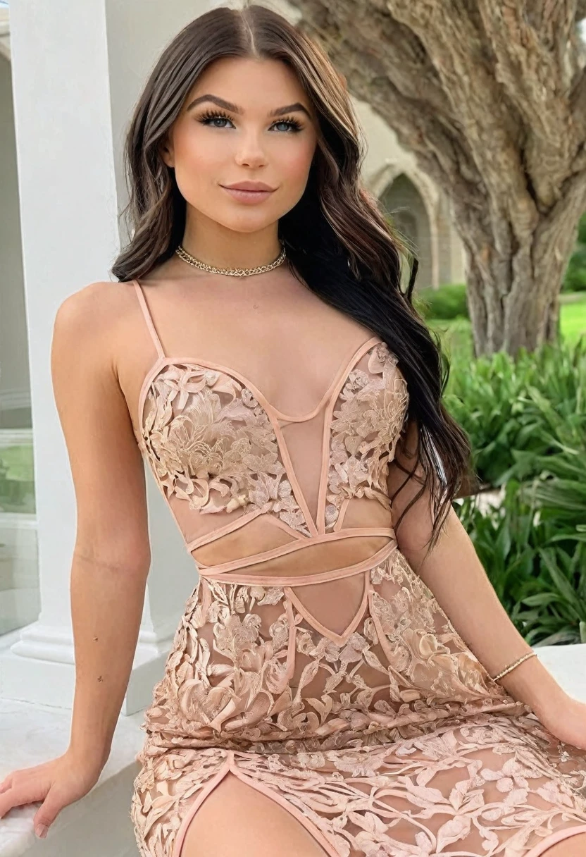 (((high quality:1.2))), Work of art, (8k), extremely detailed, ((High detail:1.2)) ((best resolution)), (Hotlexi woman), (Kenzie Reeves), Solo, ((24 years old brunette female)), (cutout dress),