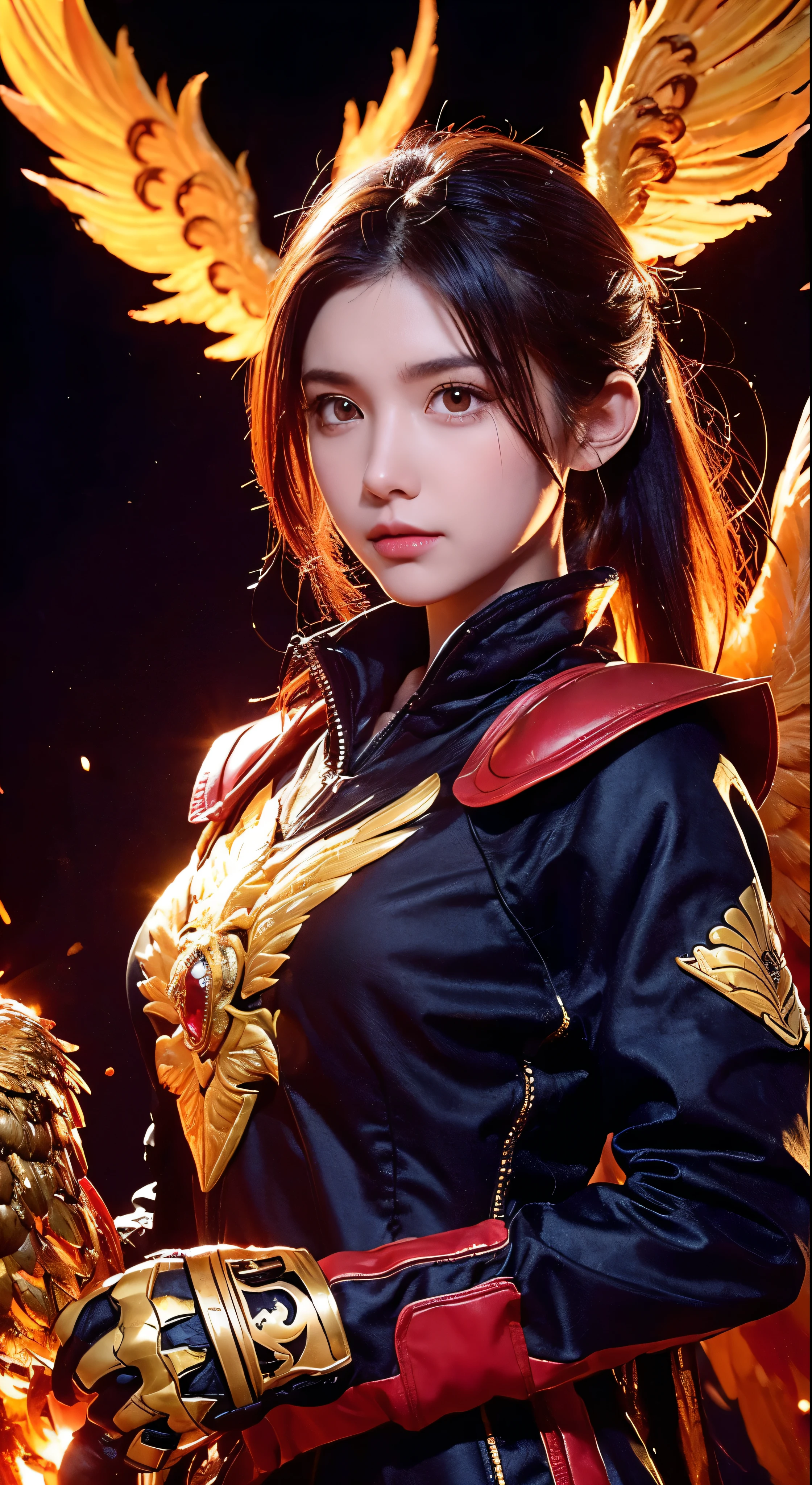 (upper body:1.3), 1girl,hoenix keeper, fireproof suit with a golden phoenix emblem, fire cage with obsidian bars, phoenix nest with shimmering golden feathers, talon gloves for handling the phoenix, fire ruby for feeding the phoenix,