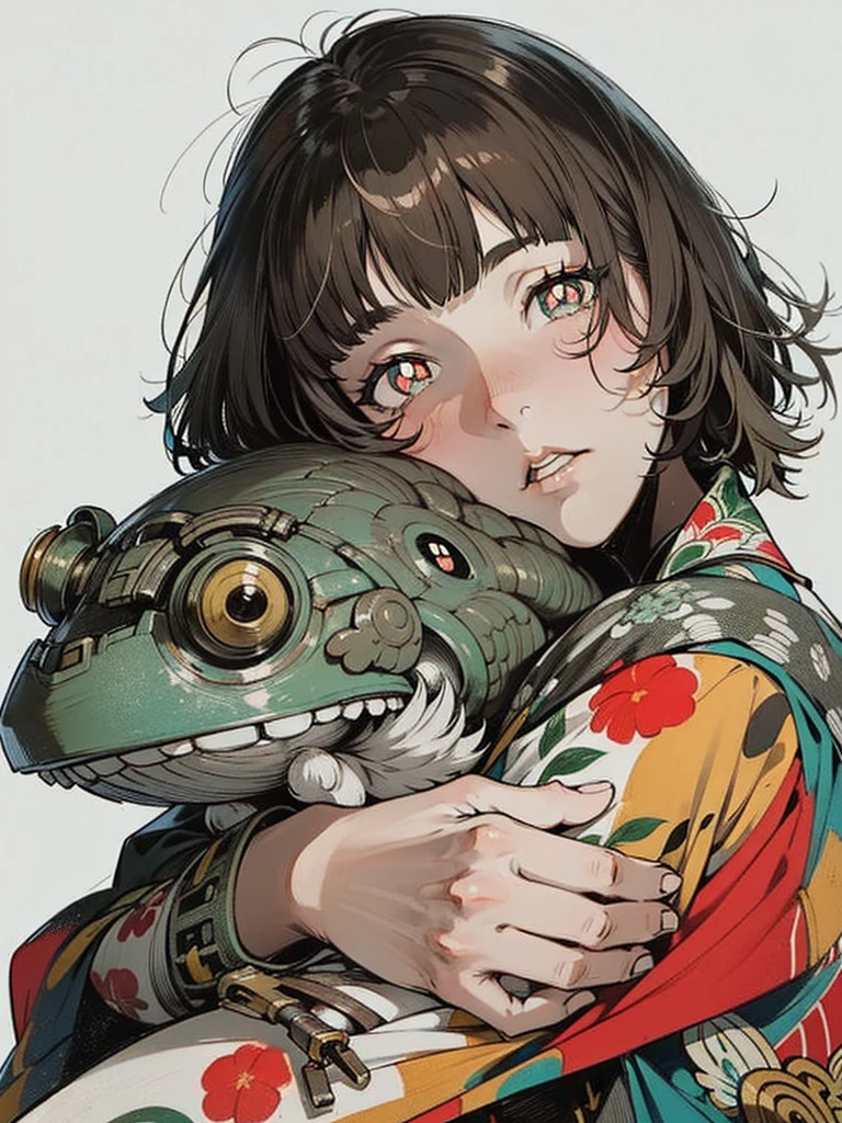 lifeless eyes. water colour. White background, whole body. (hair with blunt bangs:1.2), {slickedback hair}, (bronze hair: 1.2), (white pupils: 1.4), Your eyes are dead. She is wearing a charcoal gray casual dress. (really short hair:1.8), simple anime painting