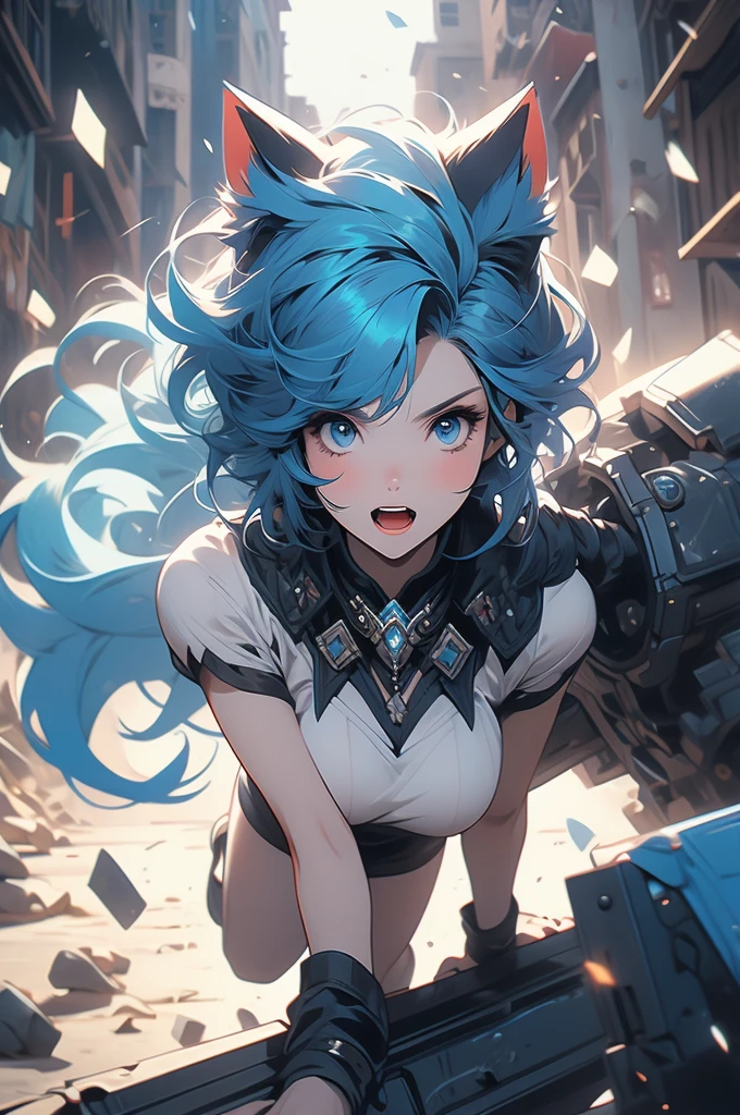 1girl, cat ears, blue hair, full plate, war hammer, ready to pounce, ready to jump, teeth