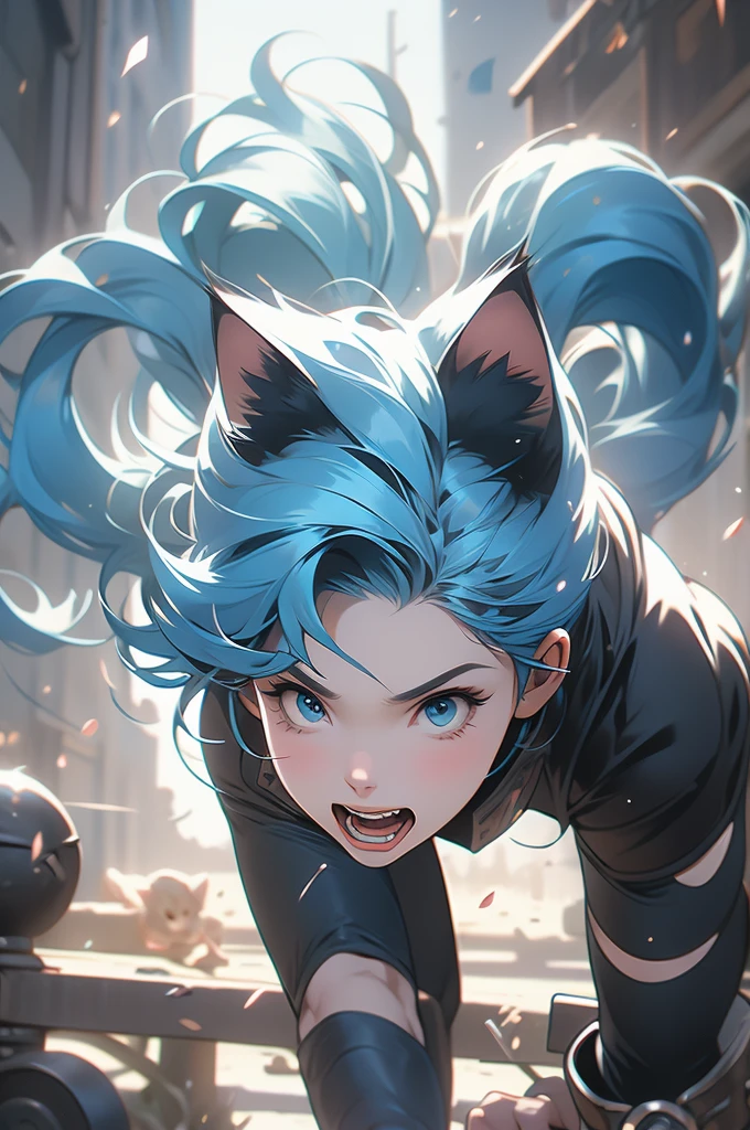 1girl, cat ears, blue hair, full plate, war hammer, ready to pounce, ready to jump, teeth