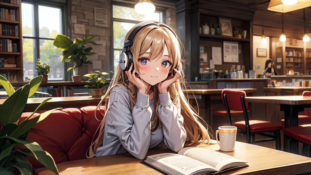 A beautiful and cute 20-year-old girl wearing headphones, studying in a cozy city cafe. The scene should depict a relaxed and serene atmosphere, with warm lighting and a soft, dreamy background. The girl has long, flowing hair, is dressed casually in comfortable clothes, and is surrounded by books and a laptop. The cafe interior is stylish, with wooden tables, plants, and a large window showing a peaceful urban street outside.