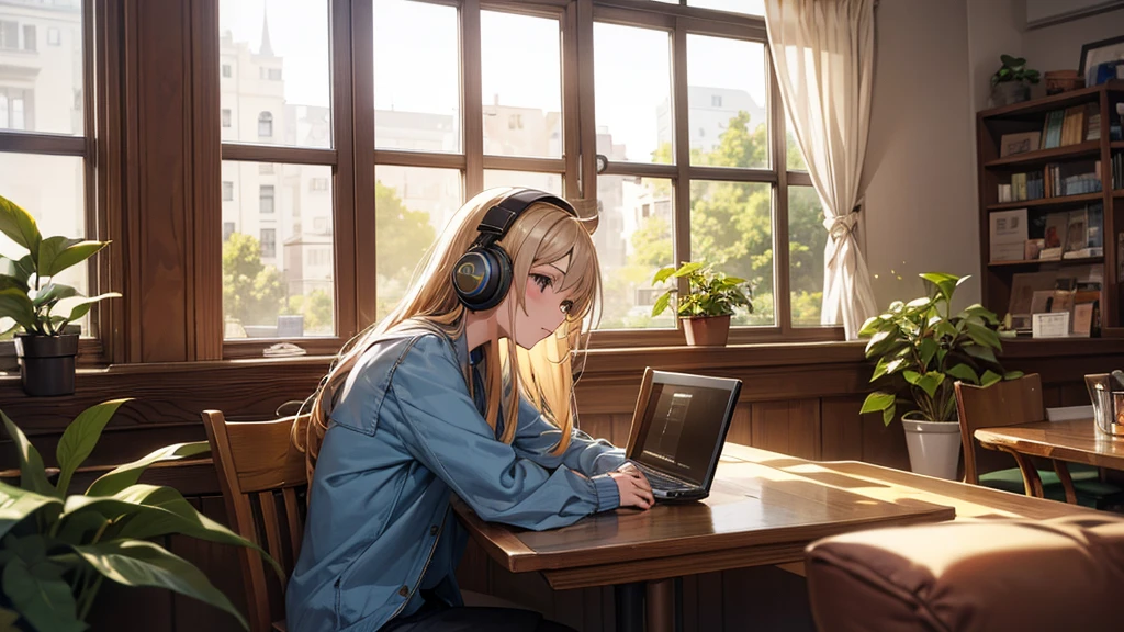 A beautiful and cute 20-year-old girl wearing headphones, studying in a cozy city cafe. The scene should depict a relaxed and serene atmosphere, with warm lighting and a soft, dreamy background. The girl has long, flowing hair, is dressed casually in comfortable clothes, and is surrounded by books and a laptop. The cafe interior is stylish, with wooden tables, plants, and a large window showing a peaceful urban street outside.