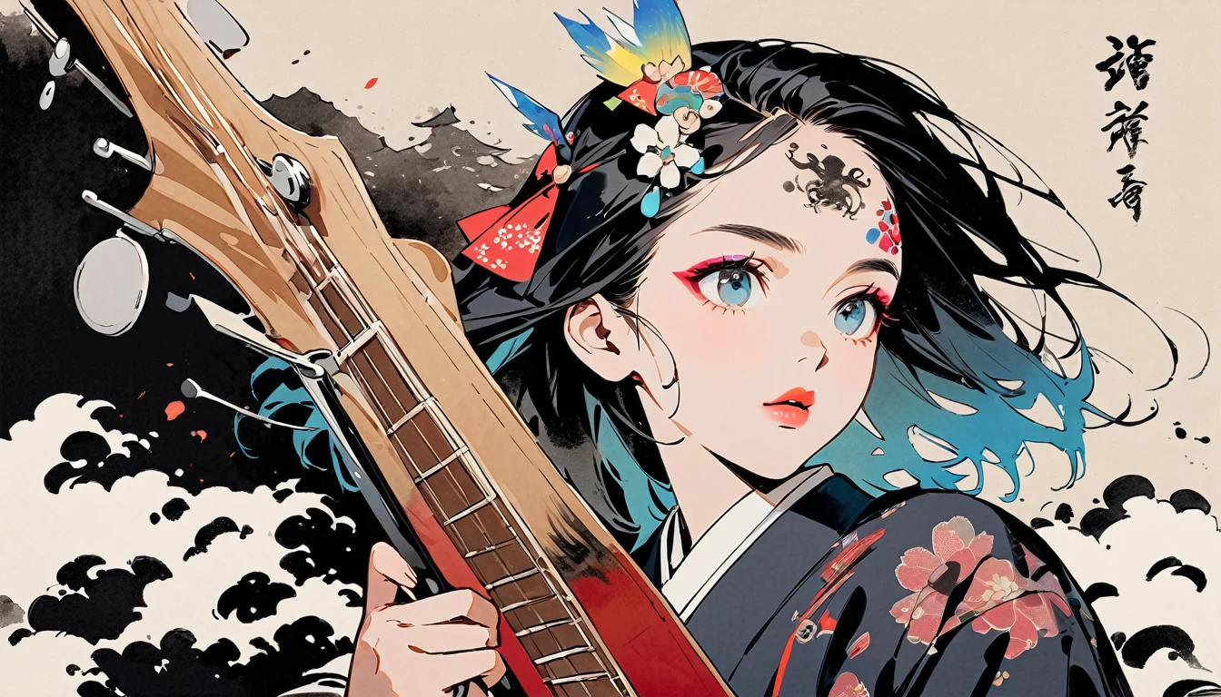(((Ink Painting))), Fashion portrait color photos, (((1 girl))), (((Playing electric bass))), (((Tattoo in the center of the forehead))), (((Very flashy hair accessories))), (((Very flashy makeup))), Japanese style headphones, front view, Japan人の美女, Black Hair, Delicate and precise, Modern ukiyo-e style,Japan, Droopy eyes, round face, Fuller lips, vivid color