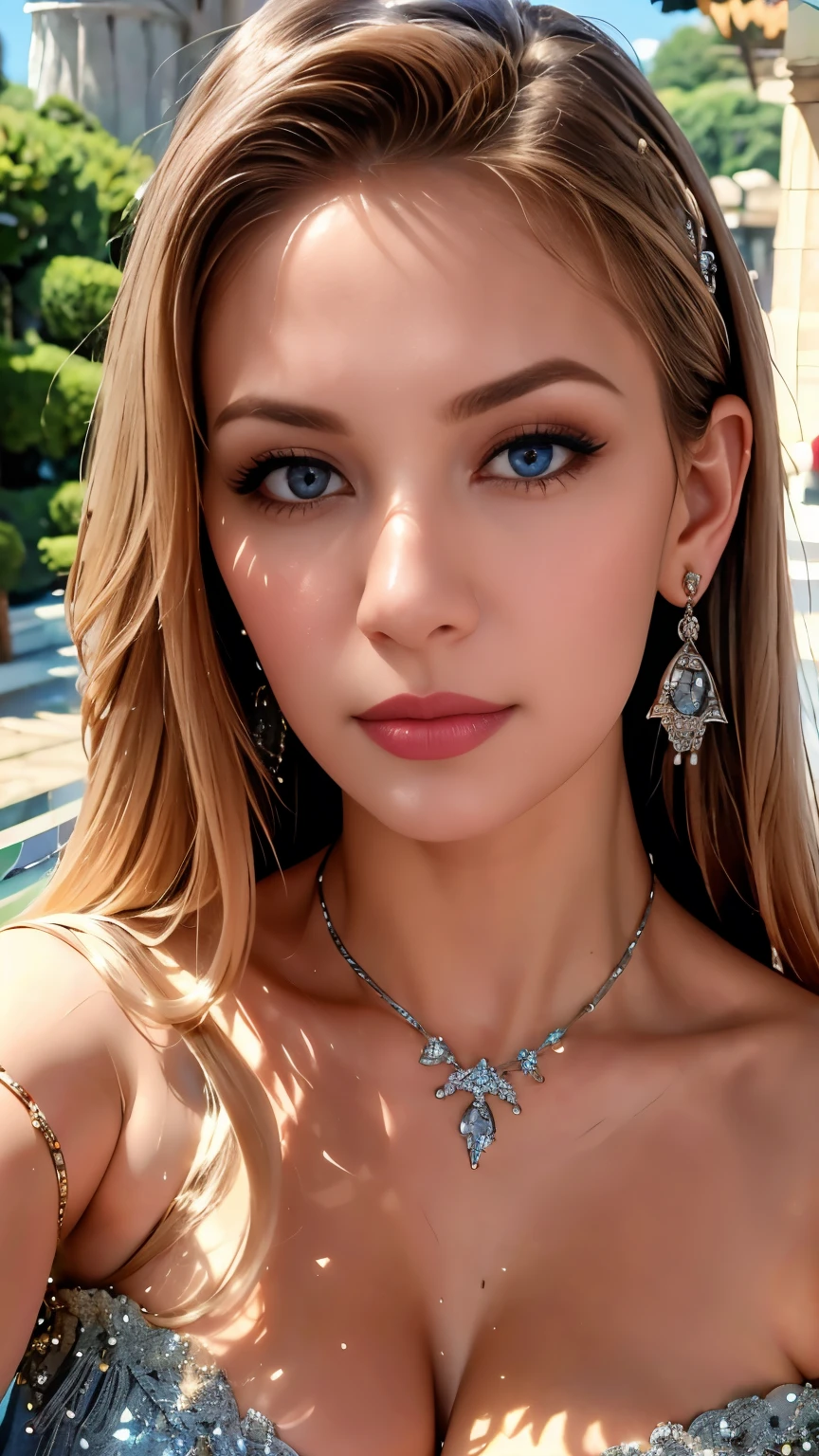 (masterpiece, Best Quality), intricate details, realist, photorealist, Full Body Portrait, Instagram Photo of a woman wearing aretes, Mary R., inspired by Emma Andijewska, wrapped in crystals, silver color, long aretes, sandra chevier, huge earrings, 2019, Blue-eyed, platinum jewelry, arete, impeccable structure, silver arete, shoot from a distance