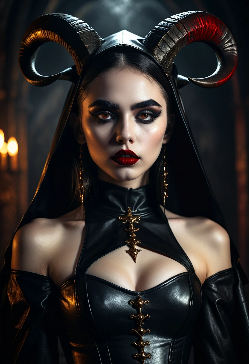 a demon girl in a leather nun dress, golden bustier, black goat horns, perfect youthful face, mysterious and dark aura, red lips, dark fantasy, intricate details, inspired by gothic art, sharp focus, full body shot, cinematic lighting, chiaroscuro, moody atmosphere, dramatic shadows, painterly style, muted color palette, high contrast, detailed textures, gritty grungy, photo-realistic, masterpiece, 8k, best quality