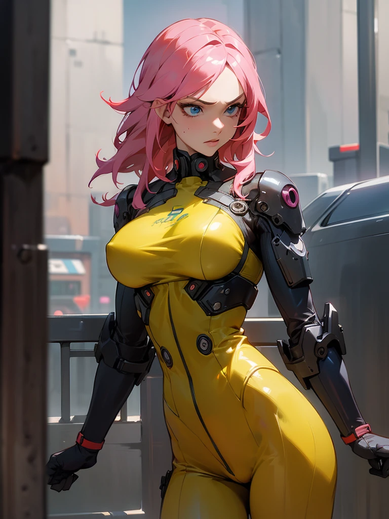 fake big breats, Fake body , Mulher madura in metal gear rising raiden body details, bust photo, big pink hair, shining blue eyes, wearing a mustard yellow jumpsuit, breasts big, looking 35 years old, eye on the spectator, look to the camera, , The background is a cyberpunk city, Expression of vengeance, facefocus, facing the front, focus on bust,