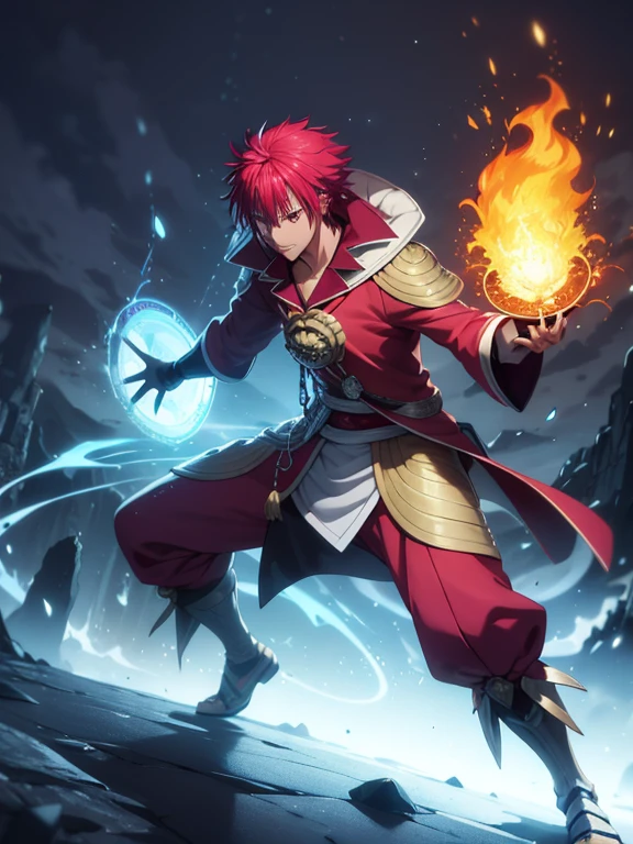 (best quality,4k,8k,highres,masterpiece:1.2),ultra-detailed,realistic:1.37,Benimaru,Tensei shitara Slime Datta ken,charismatic blue-haired,fiery-eyed,cool-looking character,energetic and powerful stance,sparkling flames,electric aura,anime artwork,colorful and vibrant,background of a fantasy world,with magical creatures and floating islands,dynamic lighting and shadows,dramatic and intense atmosphere.