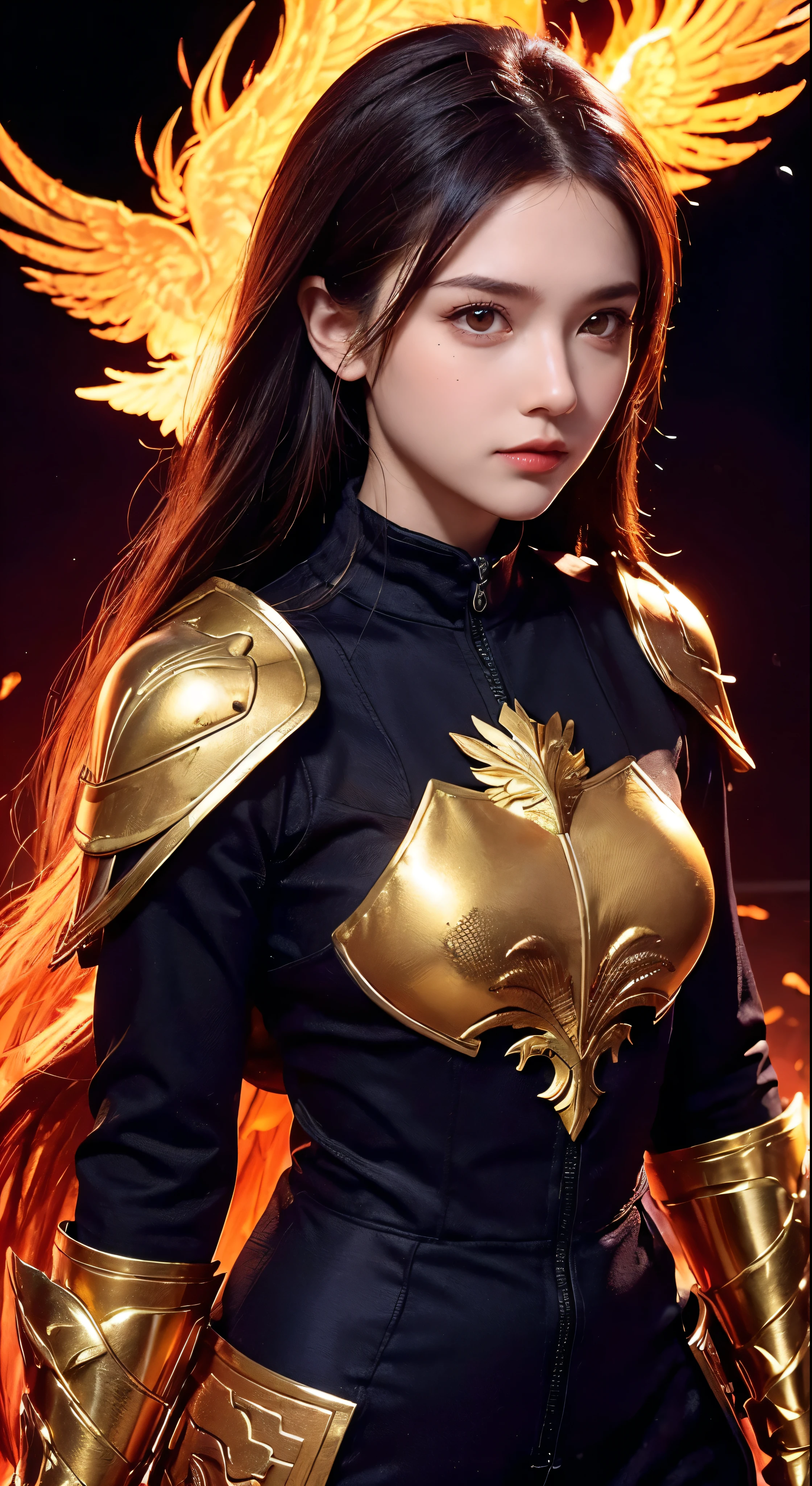 (upper body:1.3), 1girl,hoenix keeper, fireproof suit with a golden phoenix emblem, fire cage with obsidian bars, phoenix nest with shimmering golden feathers, talon gloves for handling the phoenix, fire ruby for feeding the phoenix,