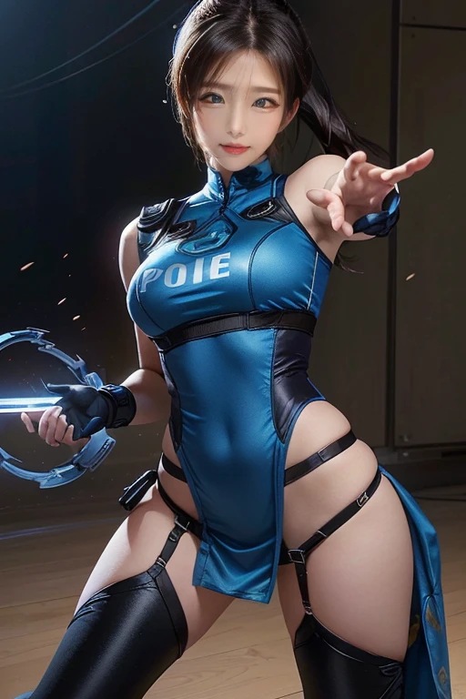 Arafed woman in blue police uniform posing for a photo, Charming Jill Valentine, (software) Safe at Work, ジムのChunli, Close up of intense gesture style, Succubus in a tight short dress, Asuka suit worn under clothes!, Chunli, Chunli, Cammy, Wearing Atsuko Kudo&#39;s latex costume, Sunburned skin