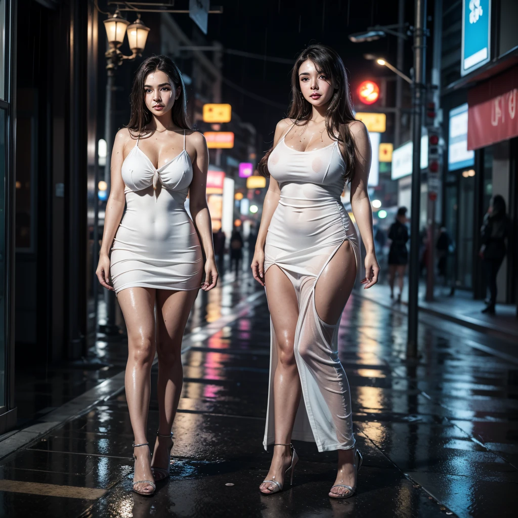 1 woman standing in the rain completely wet wearing a long loose white strappy dress totally wet from the rain., long hair. Nice detailed face, big eyes. Sensual body, curvy body, high heels. detailed. Cyberpunk city raining. Whole body. (1 woman)