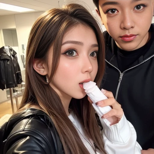 man is standing beside the woman who is astriding, her face is turned towards the man next to her , pov deepthroat, cum shot in mouth , a lot of cum:1.3