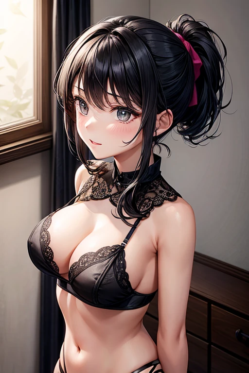 Girl with black hair tied in a ponytail having sex in black lingerie with lace