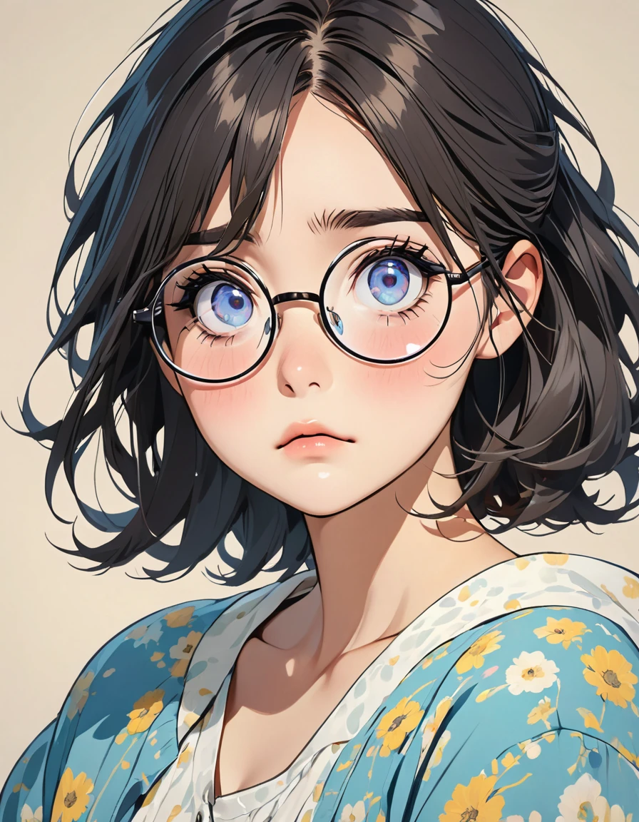 A lazy girl with dark circles under her eyes, nervous and a little fat,circle-glasses