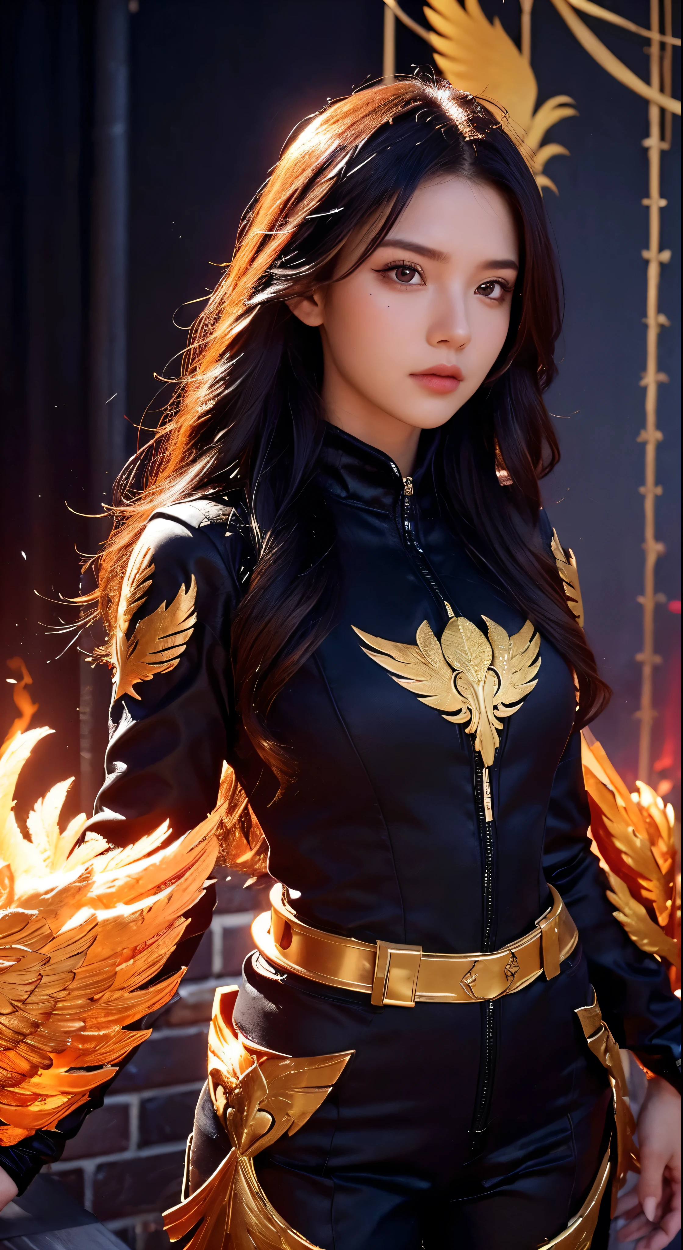 (upper body:1.3), 1girl,hoenix keeper, fireproof suit with a golden phoenix emblem, fire cage with obsidian bars, phoenix nest with shimmering golden feathers, talon gloves for handling the phoenix, fire ruby for feeding the phoenix,