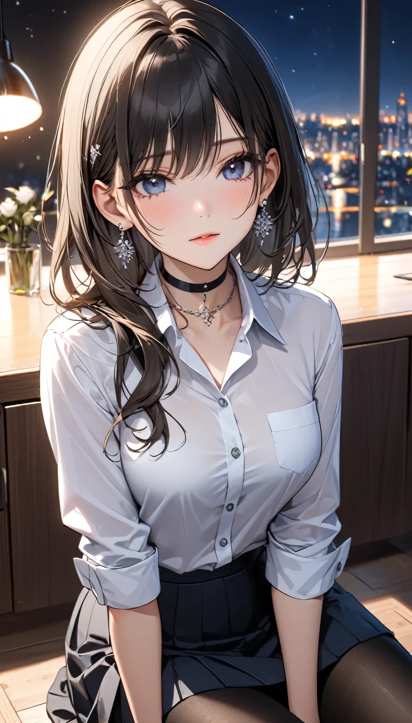 best quality, super_delicate, ultra detailed, beautiful, 8k , 1girl, sitting, business shirt, skirt, earrings, choker, black tights, night