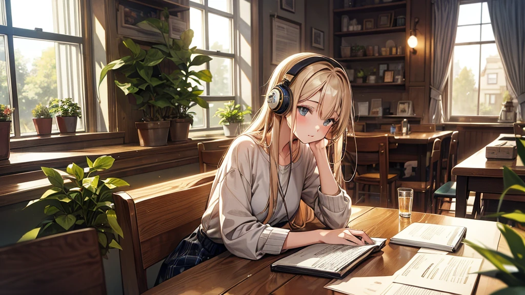 A beautiful and cute 20-year-old girl wearing headphones, studying in a cozy city cafe. The scene should depict a relaxed and serene atmosphere, with warm lighting and a soft, dreamy background. The girl has long, flowing hair, is dressed casually in comfortable clothes, and is surrounded by books and a laptop. The cafe interior is stylish, with wooden tables, plants, and a large window showing a peaceful urban street outside.