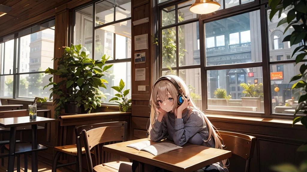 A beautiful and cute 20-year-old girl wearing headphones, studying in a cozy city cafe. The scene should depict a relaxed and serene atmosphere, with warm lighting and a soft, dreamy background. The girl has long, flowing hair, is dressed casually in comfortable clothes, and is surrounded by books and a laptop. The cafe interior is stylish, with wooden tables, plants, and a large window showing a peaceful urban street outside.