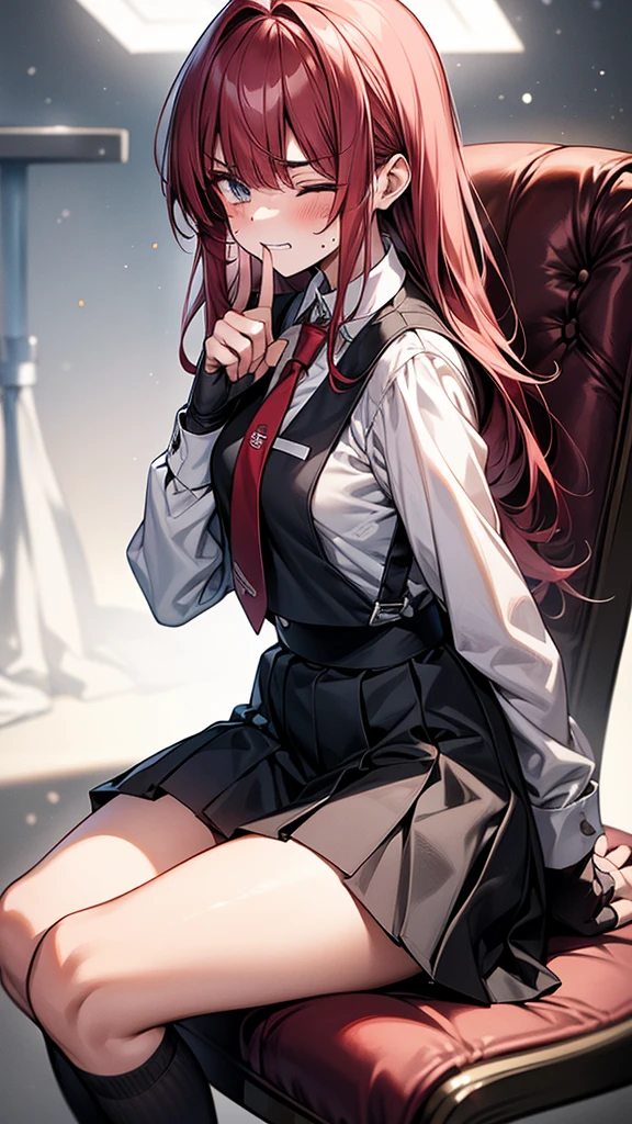 {{masterpiece}}, {{{Highest quality}}},{{Very detailed}},Sitting in a chair in an office with a serious expression,{{one eye closed:1.4}},from side,Cowboy Shot,Focus on the legs{{{Sitting in a chair in an office with a serious expression成熟した女性}}},{{疲労でSweatをかいている成人女性}},Sweat,,Touch one hand to the stomach, Sit with your back to the hunchback,{{Blushing}},{{V-shaped eyebrows}},{{Long sleeve mini skirt uniform}},{{suspenders}},{{Grit your teeth}},{Sit on a chair}},{Bad mood},,abdominal pain ,{{pain}},{{Eyelet foot}},,{{}},{{}},,Slender body}}{{Female police officer}},,,,suspenders ,Long sleeve mini skirt uniform, White High Socks,Black fingerless gloves, Long Red Hair, Red tie,Straight hair ,Blunt bangs,.amountn loafer,,blush,Wrinkles ,amount,Grit your teeth,suffering,v-shaped eyebrows.,Sweat dripping,Medium chest ,get annoyed,,Inside the office,