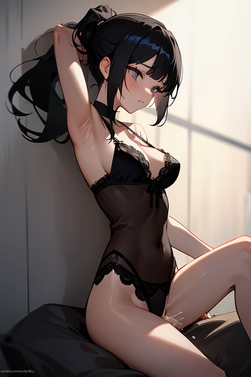 Girl with black hair tied in a ponytail having sex in black lingerie with lace