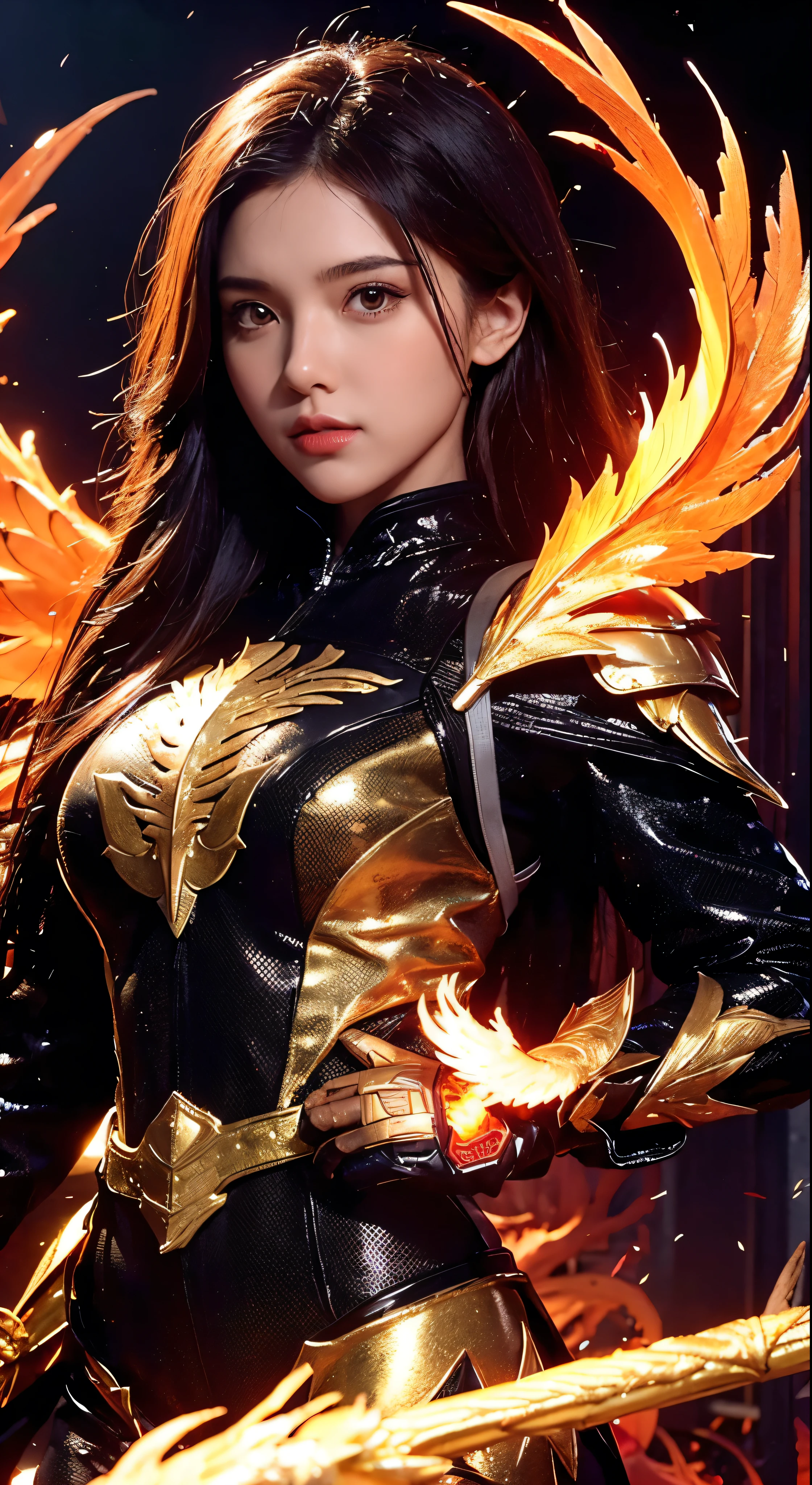 (upper body:1.3), 1girl,hoenix keeper, fireproof suit with a golden phoenix emblem, fire cage with obsidian bars, phoenix nest with shimmering golden feathers, talon gloves for handling the phoenix, fire ruby for feeding the phoenix,
