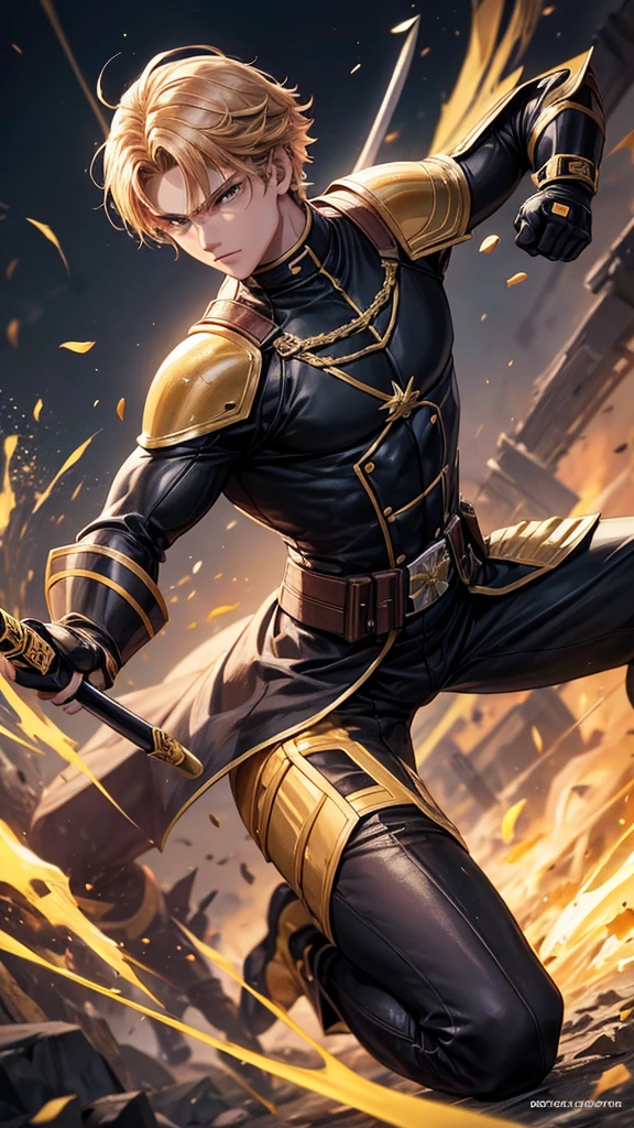 You can create a 17-year-old X-Men of Russian origin, with blonde and brown hair, where his main weapons are two Katanas and a spear Age: 17 years old Main weapons: Two katanas and a spear Clothing and appearance: He wears an X-Men uniform with dark tones, predominantly black with red details, yellow and gold. The uniform is tight, Designed for agility and combat, with light armor plates on the shoulders and chest.
Context: He is in a fighting stance, with two katana in each hand and the spear resting on his back.