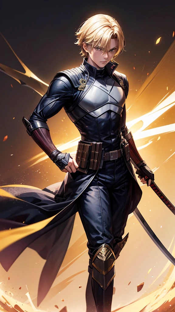 You can create a 17-year-old X-Men of Russian origin, with blonde and brown hair, where his main weapons are two Katanas and a spear Age: 17 years old Main weapons: Two katanas and a spear Clothing and appearance: He wears an X-Men uniform with dark tones, predominantly black with red details, yellow and gold. The uniform is tight, Designed for agility and combat, with light armor plates on the shoulders and chest.
Context: He is in a fighting stance, with two katana in each hand and the spear resting on his back.