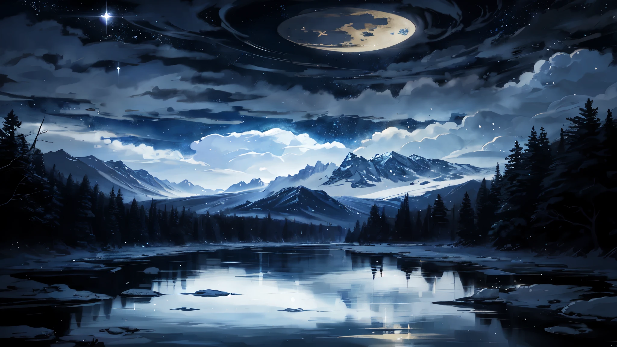 A painting of a river with stars and moon in the sky., conceptual art inspired by Tosa Mitsuoki, pixiv contest winner, Best Quality, Fantasy Art, beautiful anime scene, golden moon. a bright moon, starry sky environment under the moonlight, dream painting, animated background art, fantasy landscape art, dream night, animated background, background illustrations, dream art, atmospheric anime, starry sky, Improved details.