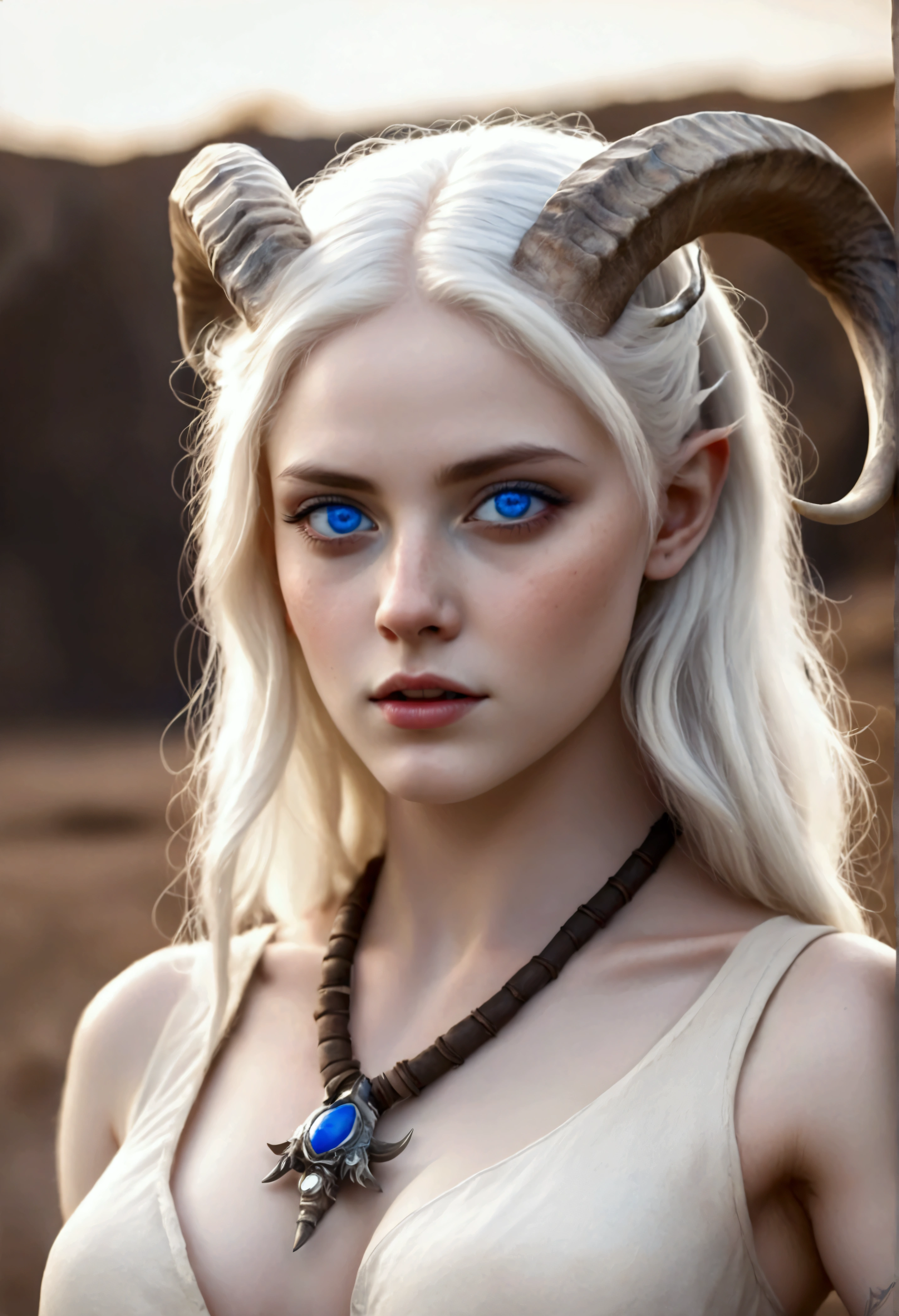 Pale white skinned girl, fawn. ram's horns, white hair, blue eyes, portrait