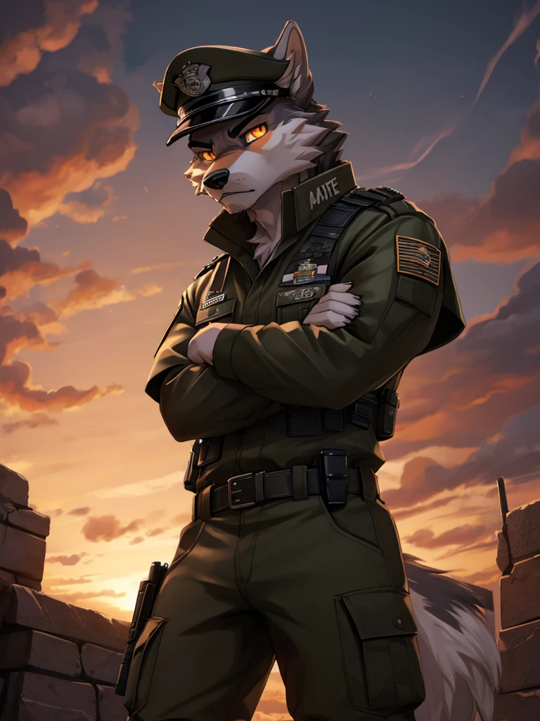 high quality, best quality masterpiece, the best definition add_detail:1 aesthetic and lighting details Wolf male military officer, decorated techwear clothing with officer hat, mature male, serious intense expression, ((menacing threatening)), thick body, black fur, apocalypse landscape, body with tattoo, detailed eyes, pupila amarilla orange eyes, (((arms crossed looking down at viewer))), dramatic angle add_detail:1