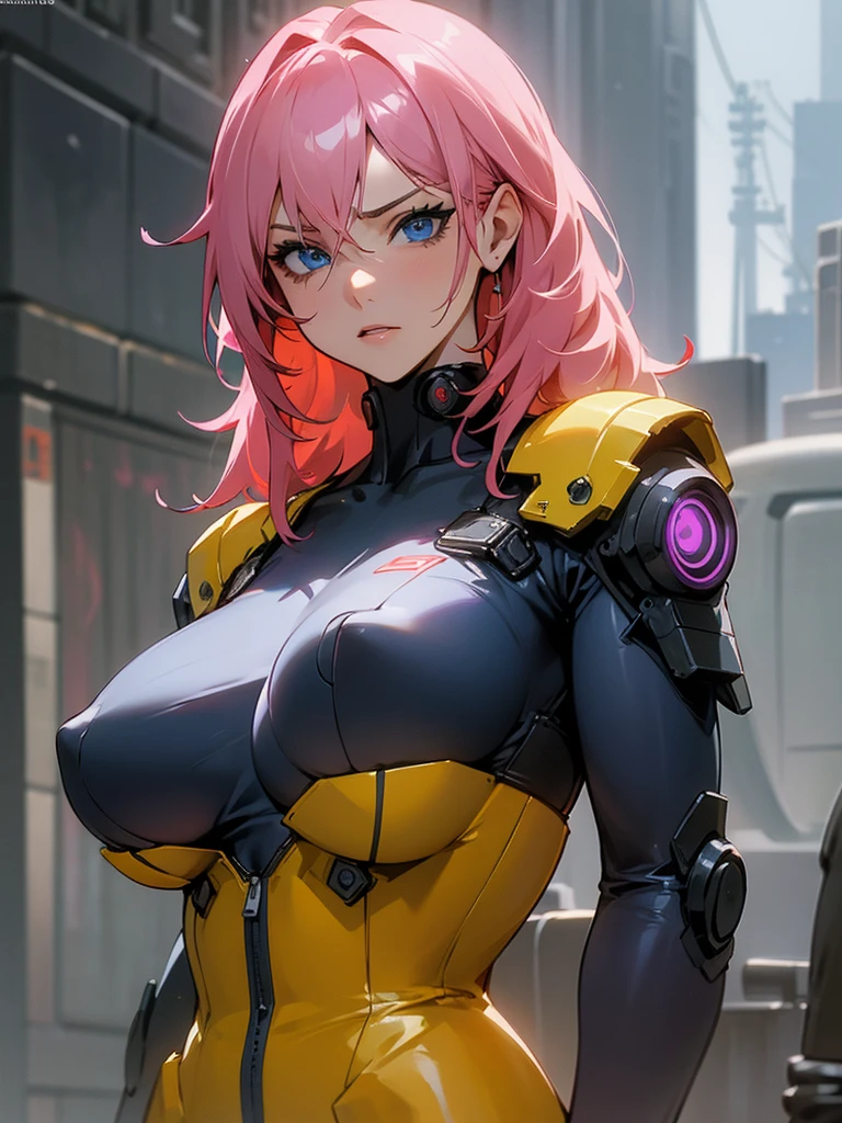 fake big breats, blue eyes detailed 8k , Mulher madura in metal gear rising raiden body details, bust photo, big pink hair, shining blue eyes, wearing a mustard yellow jumpsuit, breasts big, looking 35 years old, eye on the spectator, look to the camera, , The background is a cyberpunk city, Expression of vengeance, facefocus, facing the front, focus on bust,