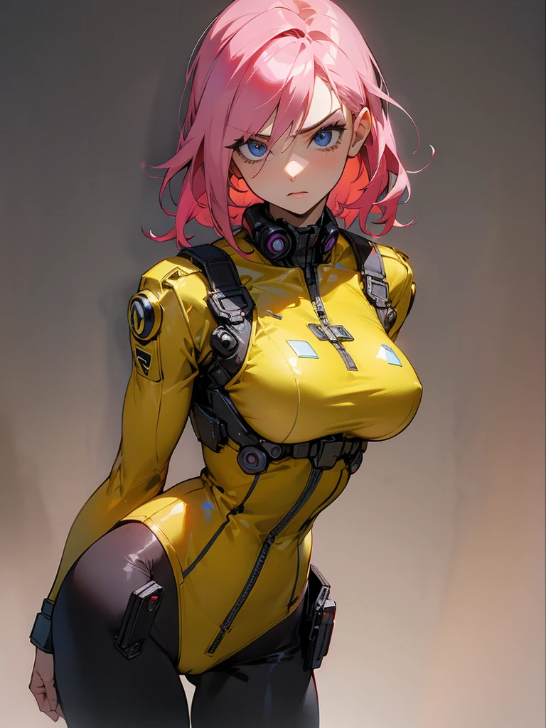 fake big breats, blue eyes detailed 8k , Mulher madura in metal gear rising raiden body details, bust photo, big pink hair, shining blue eyes, wearing a mustard yellow jumpsuit, breasts big, looking 35 years old, eye on the spectator, look to the camera, , The background is a cyberpunk city, Expression of vengeance, facefocus, facing the front, focus on bust,