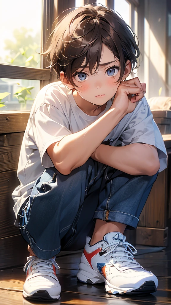 (artistry, best qualityer, ultradetailed, high resolution, 4K),(beautiful detailed eyes),(very highly detailed face),(1 young boy),HDR, Young , 8yo, shorth hair, brown hair, eyes browns, white shirt,blue jeans, barnco tennis shoes with blue detail, mournful look, sobbing.