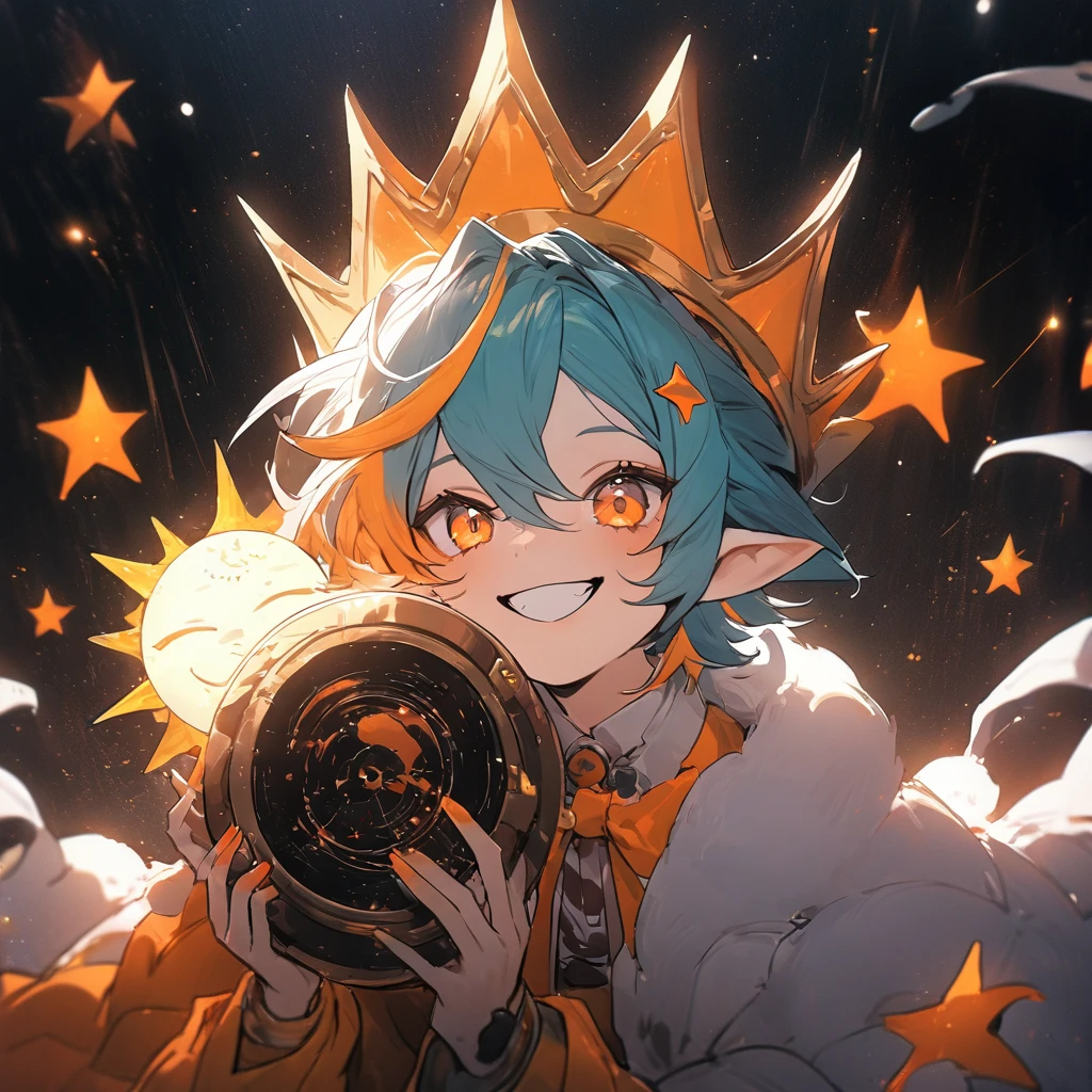 (4K Wallpaper) (best qualityer) (super verbose) an elf boy, Neon Hair with Stars Half Red and Half Yellow, Orange Eyes with Sun Pupil, He is the God of Jokes, Wears a Costume Outfit and a Small Crown on the Side of the Head, He is smiling while holding a Galaxy in his hands.