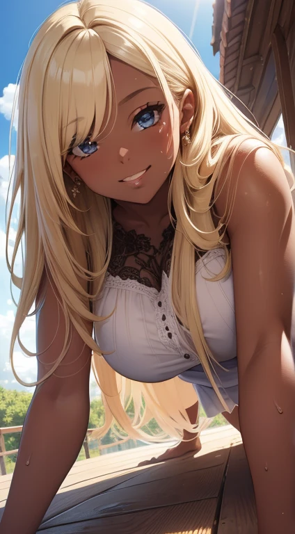 (masterpiece, best quality, ultra high res, beautiful detailed hair detailed face, perfect feminine face), view from below, upskirt, bright sun ,Bukkake, exhausted, sweaty, dark skin, blonde hair, ripped clothes, seductive smile