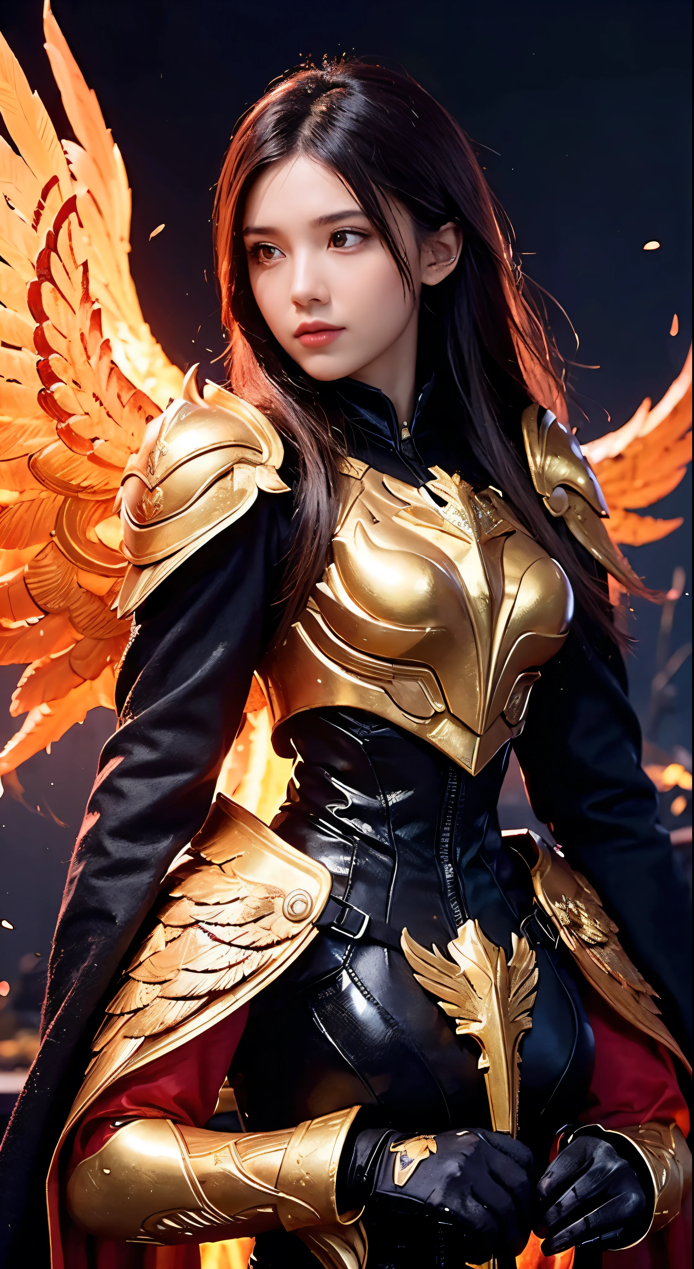 (upper body:1.3), 1girl,hoenix keeper, fireproof suit with a golden phoenix emblem, fire cage with obsidian bars, phoenix nest with shimmering golden feathers, talon gloves for handling the phoenix, fire ruby for feeding the phoenix,