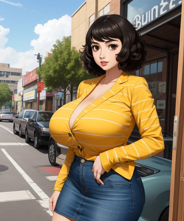 (best quality), (masterpiece), 1 girl, early 20's, huge heavy breasts, busty, massive breasts, thick, thick lips, wide hips, thin waist,skp5, bangs, sadayo kawakami, jacket, striped shirt, yellow shirt, skirt