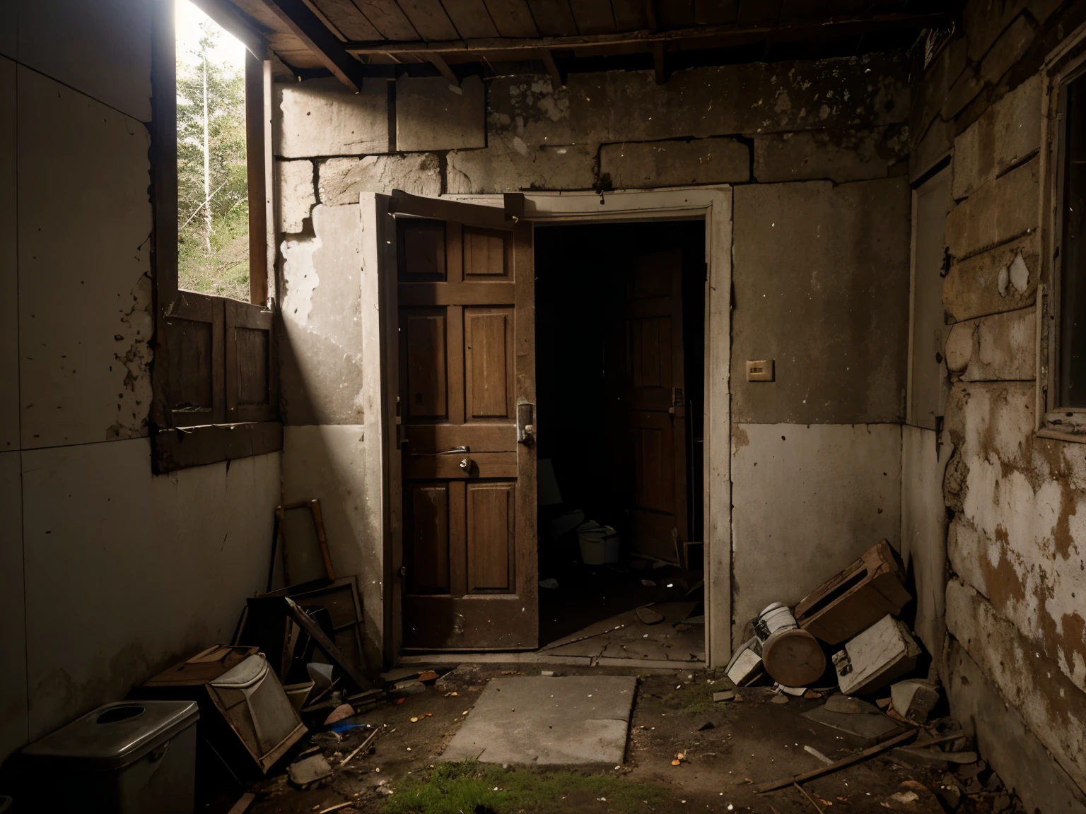 forgotten basement outside , the door is dirty and old in the middle of a forest