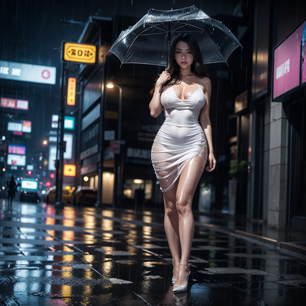 1 woman standing in the rain completely wet wearing a long loose white strappy dress totally wet from the rain., long hair. Nice detailed face, big eyes. Sensual body, curvy body, high heels. detailed. Cyberpunk city raining. Whole body. (1 woman)