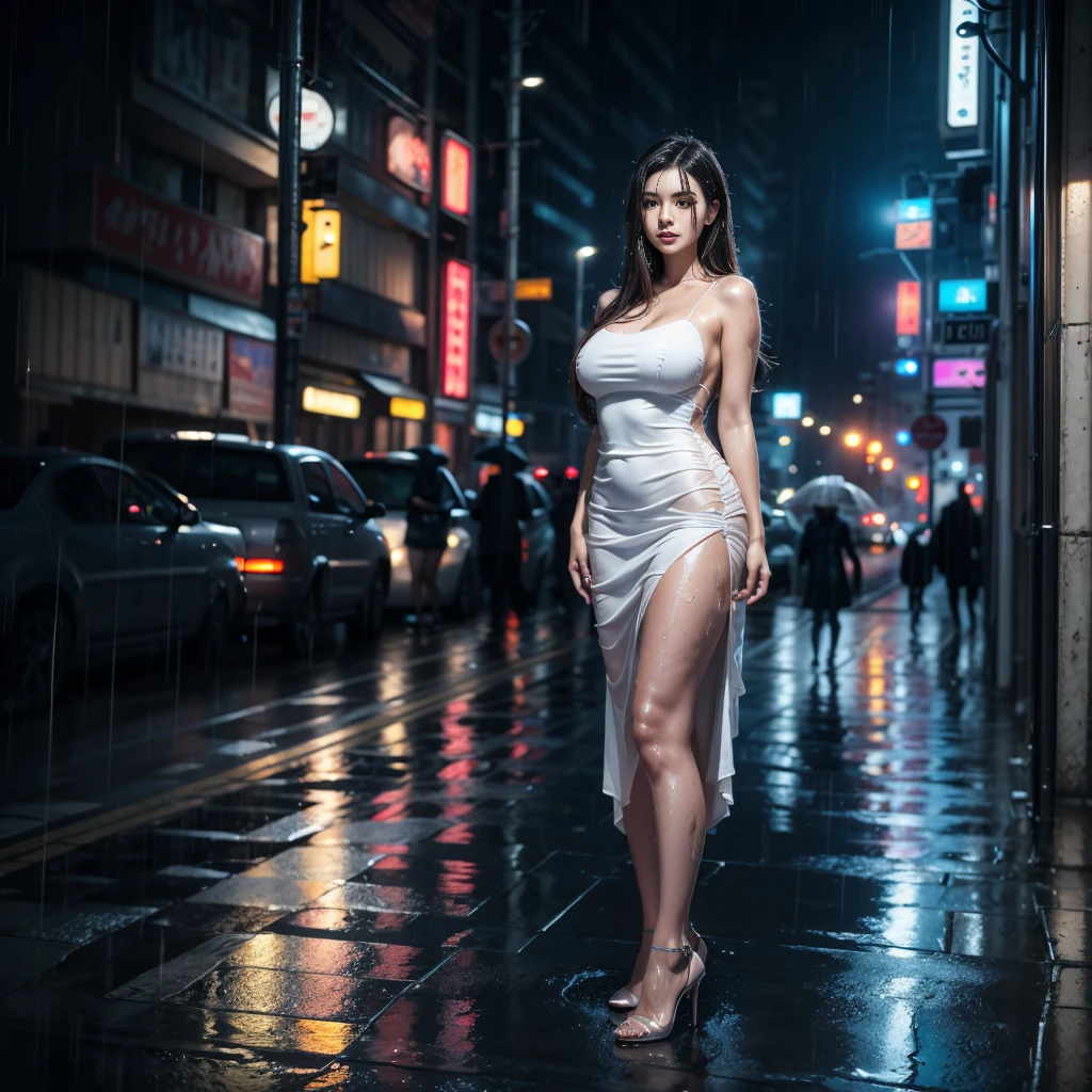 1 woman standing in the rain completely wet wearing a long loose white strappy dress totally wet from the rain., long hair. Nice detailed face, big eyes. Sensual body, curvy body, high heels. detailed. Cyberpunk city raining. Whole body. (1 woman)