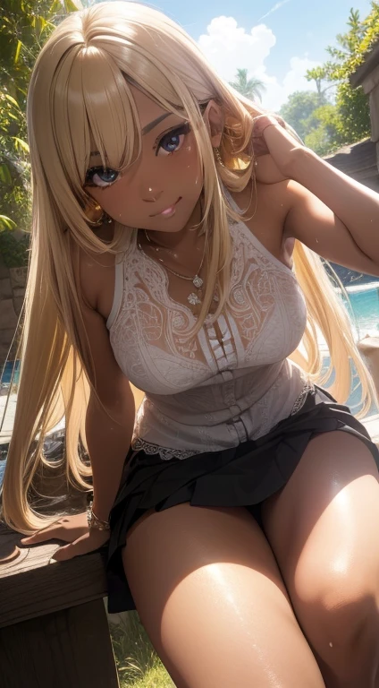 (masterpiece, best quality, ultra high res, beautiful detailed hair detailed face, perfect feminine face), view from below, upskirt, bright sun ,Bukkake, exhausted, sweaty, dark skin, blonde hair, ripped clothes, seductive smile