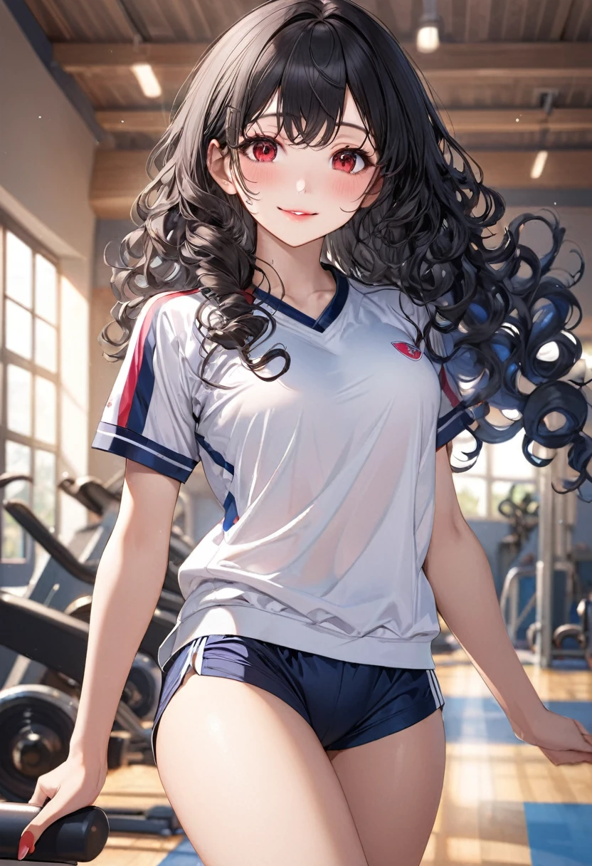 (beautiful detailed sexy style), (solo:2, 15 yo), (beautiful detailed curly:1.3), (beautiful detailed black hair long hair) (best beauty girl, beautiful red eyes, glossy lip, best sexy smile:1.1, medium tits), in a gym uniform, navy blue buruma, break, in the school gym, BREAK, perfect anatomy, masterpiece, best quality, 16k, beautiful detailed summer, daydreaming expression.
