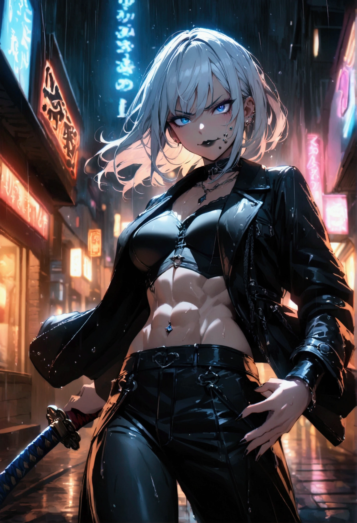 (anime women), dark outfit with red and blue details, white hair with black bangs, (neon blue dragon eyes) standing in a rain soaked, city street at night, cinematic lighting (best quality:1.2)detailed, neon lights, vivid colors,bokeh, angry looking face with smirk on mouth, piercing, ABS, ((face piercing)), gaze, 4k, particles in the air, powers, amazing art work full of details, dynamic movement, (black lips), with katana
